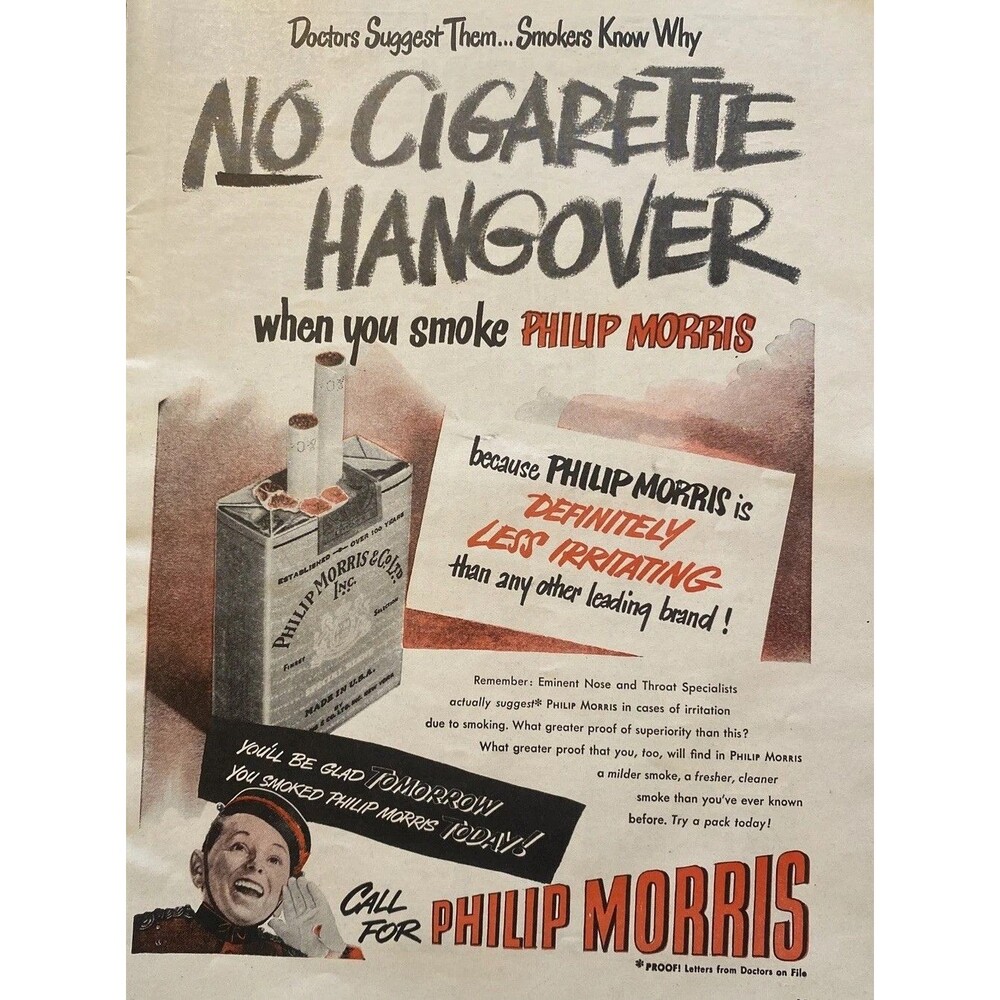 1949 Magazine Print Ad PHILLIP MORRIS CIGARETTES NO HANGOVER Advertising Paper